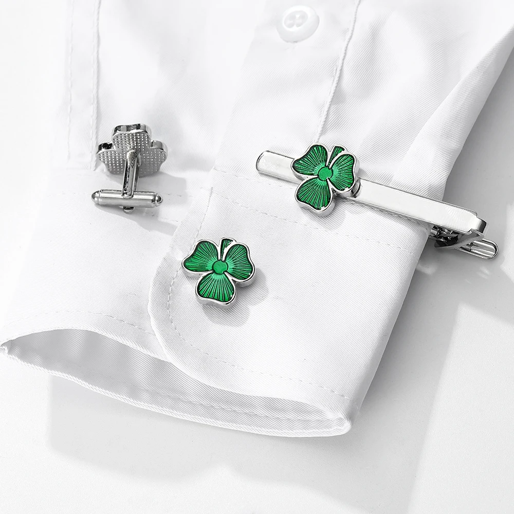 Mens Green Shamrock Cufflinks&Tie Clip Lucky Jewelry Gift For Boys