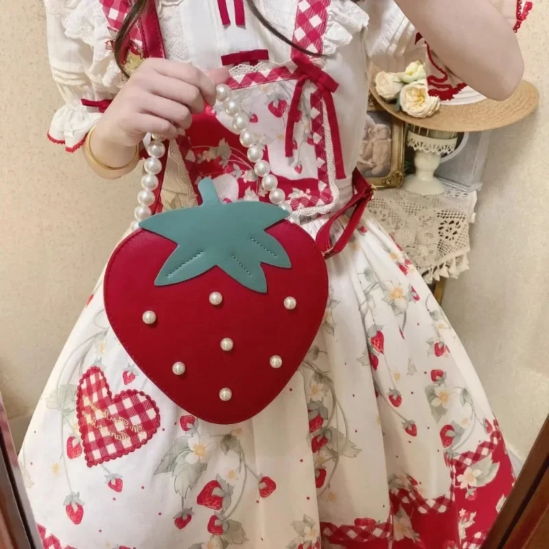 JIAERDI Summer Sweet Strawberry Lolita Bag JK Uniform Kawaii BeadingCrossbody Bag For Women Elegant Shoulder Bag Bolso Mujer