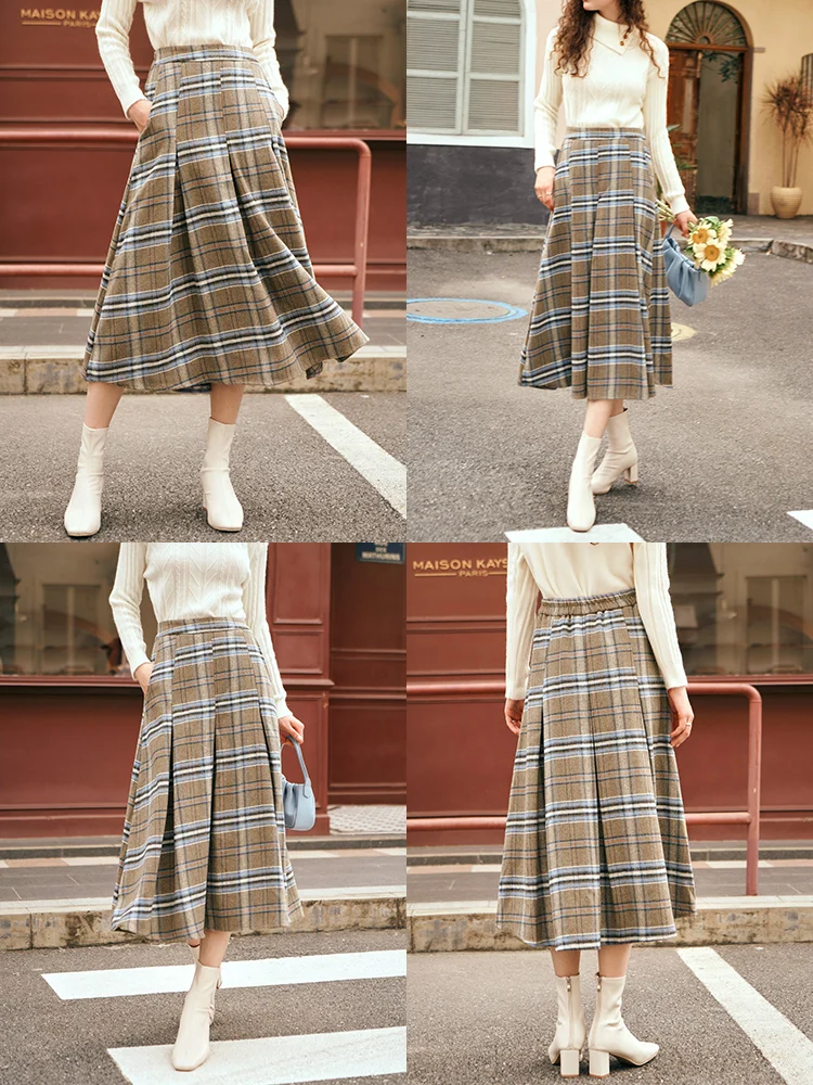 OLrain Women's Plaid Pleated Skirts 2025 Spring French Style A-line Vintage Spliced Wool Blend High-waist Midi Skirt O23DB89110