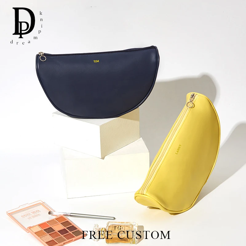 

Travel Large Capacity Cosmetic Bag Custom Name Leather Fashion Toiletry Bag Zipper Dumpling Business Trip Waterproof Make Up Bag