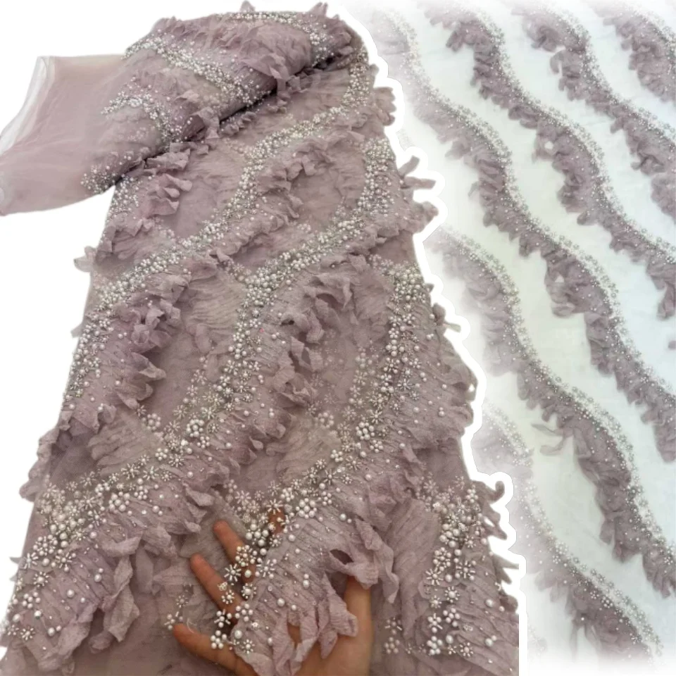 

2026 5 ярдов Африканское 3D кружево высокого качества, нигерийская сетчатая ткань с бисером и пайетками для женских вечерних и свадебных платьев 2209