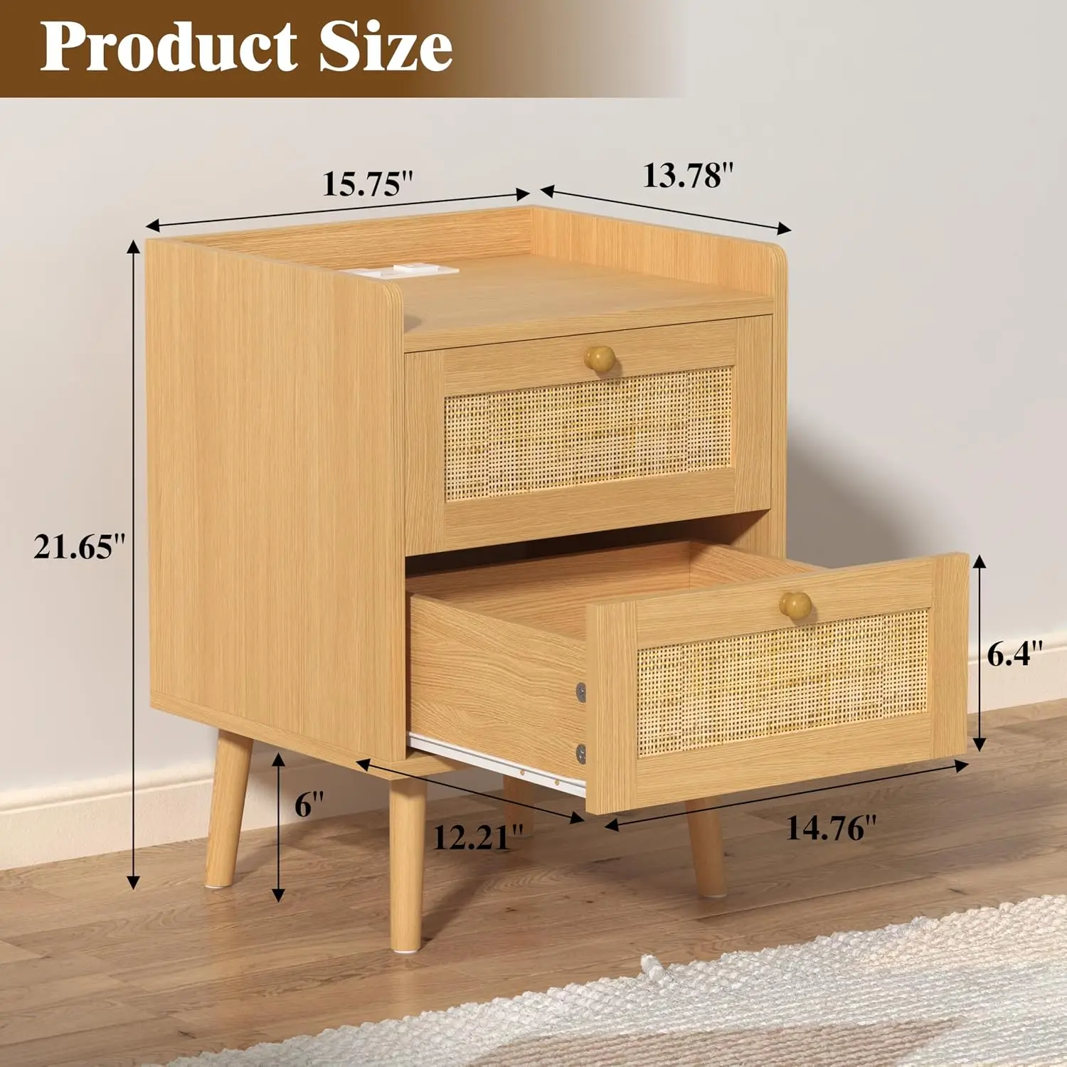 Rattan Nightstand Set of 2 with Charging Station, Boho Bedside Table with Drawer and Shelf, Farmhouse End Table for Bedroom