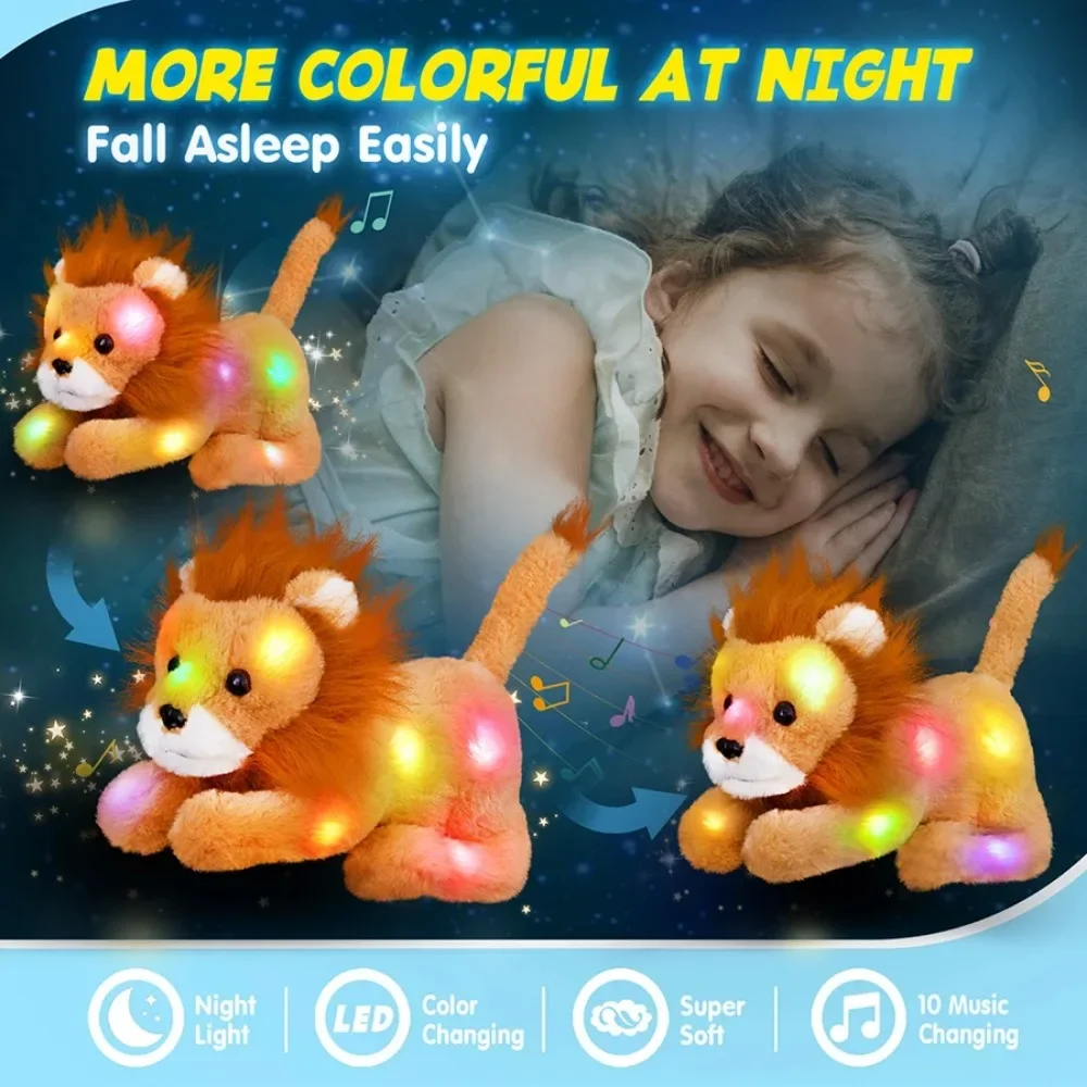 Almofada de pelúcia marrom brilhante para meninas, brinquedos de pelúcia, LED Light Up, Animal musical, fofo e macio, Decoração para casa do bebê, presentes para meninas, 27cm