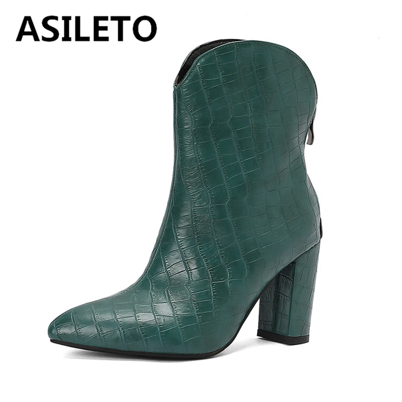 ASILETO 2024 New Design Print Western Boots 8.5cm Block Heels Pointed Toe Fashion Ankle Bota 44 45 46 47 48 US17