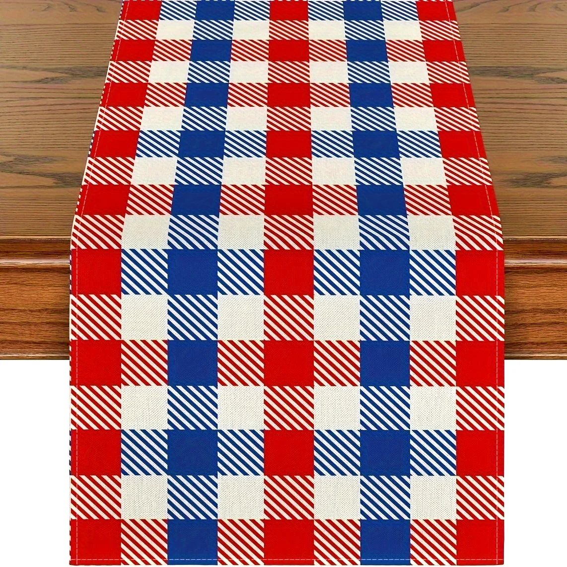 Red Blue Gingham Table Runner Single Sided 2D Print Polyester Decor for Outdoor Picnic Home Party Holiday Classic American Style