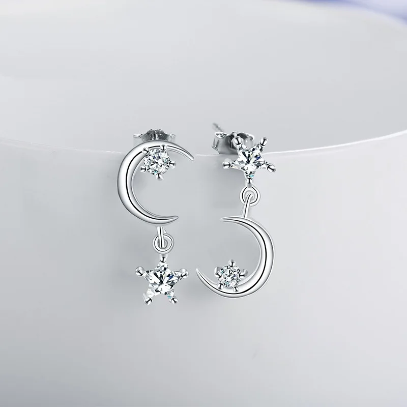 S925 sterling silver stud earrings asymmetrical star and moon stud earrings micro-inlaid jewelry women's models
