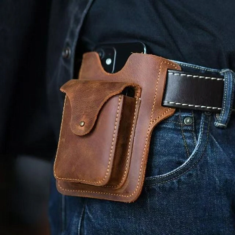 Men's Cowhide Leather Multifunctional Waist Bag Portable Sports Running Outdoor Phone Case Lighter Storage Belt Smoking Pocket