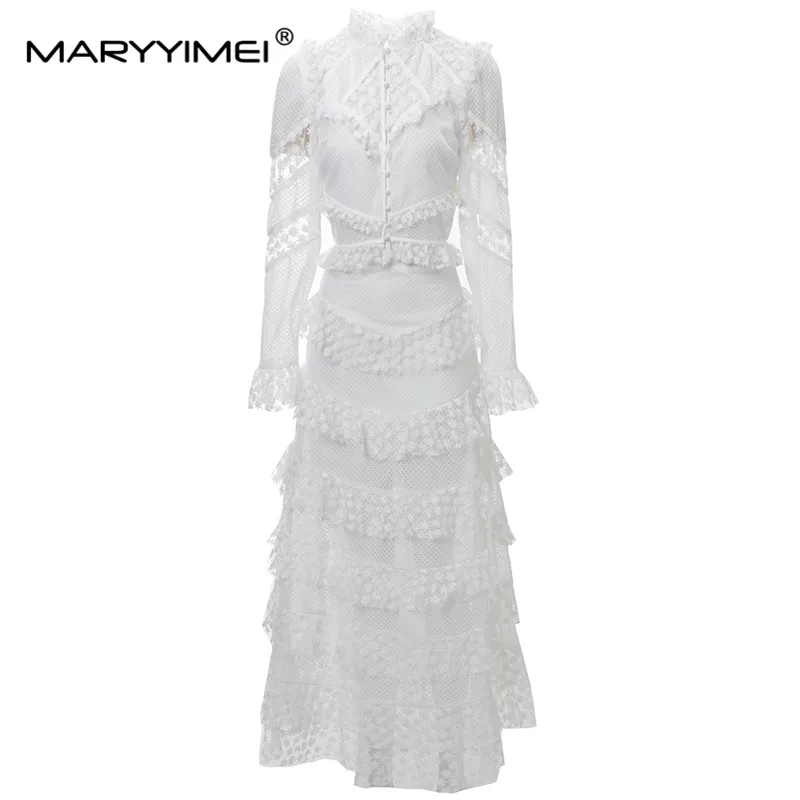 

MARYYIMEI New Fashion Runway Designer Women's Standing Collar Single Breasted White Shirt+Lace Edge Skirt 2-Piece Set