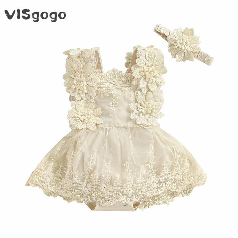 Visgogo Baby Mädchen Stram pler Kleid Sommer ärmellose quadratische Hals Blumen Spitze Stickerei Party Prinzessin Bodysuit Stirnband Outfit