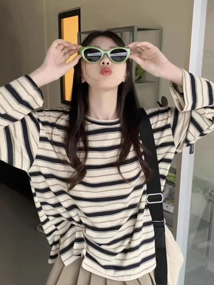 Y2k Aesthetics Contrast Color Stripes T-shirt Women Harajuku Vintage Loose Gothic Tops Streetwear Grunge Split Casual Tshirts