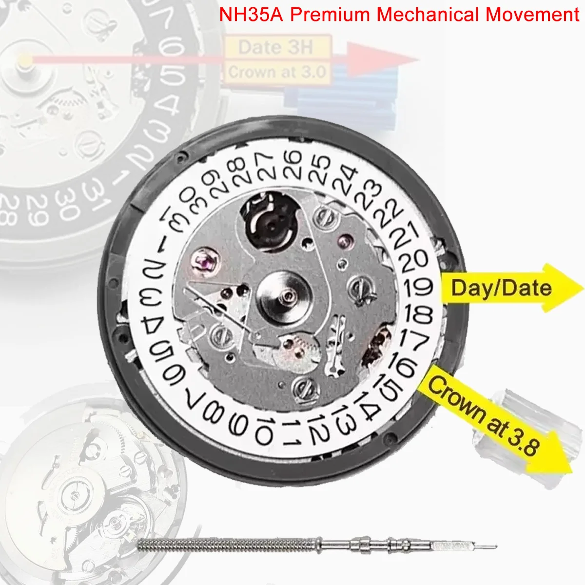 

Original NH35A Premium Mechanical Movement NH35 At3 3.8 6 Date wheel 24 Jewels Automatic Self-winding High Accuracy Movt Replace