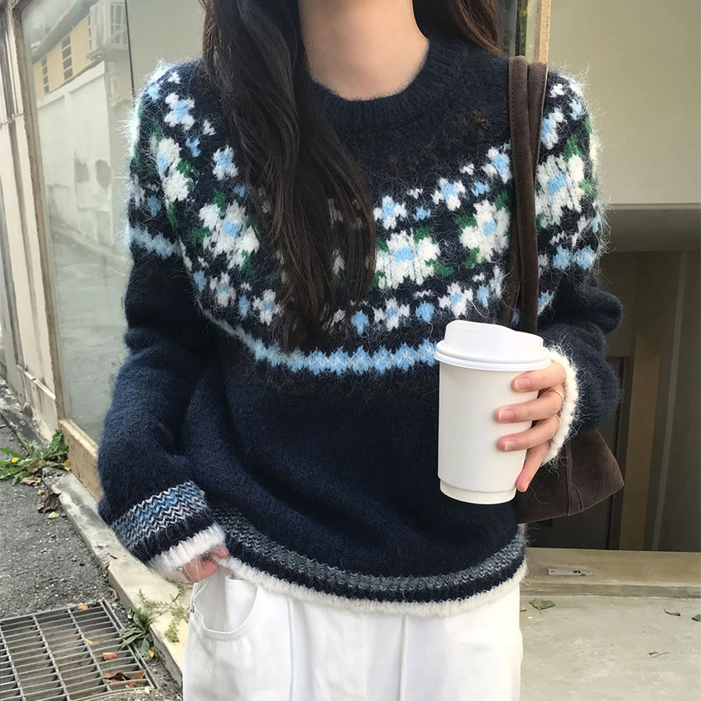 

Женский корейский шикарный осенне-зимний винтажный садовый североевропейский трикотаж цвета Fair Isle, круглый свитер Ne, топ