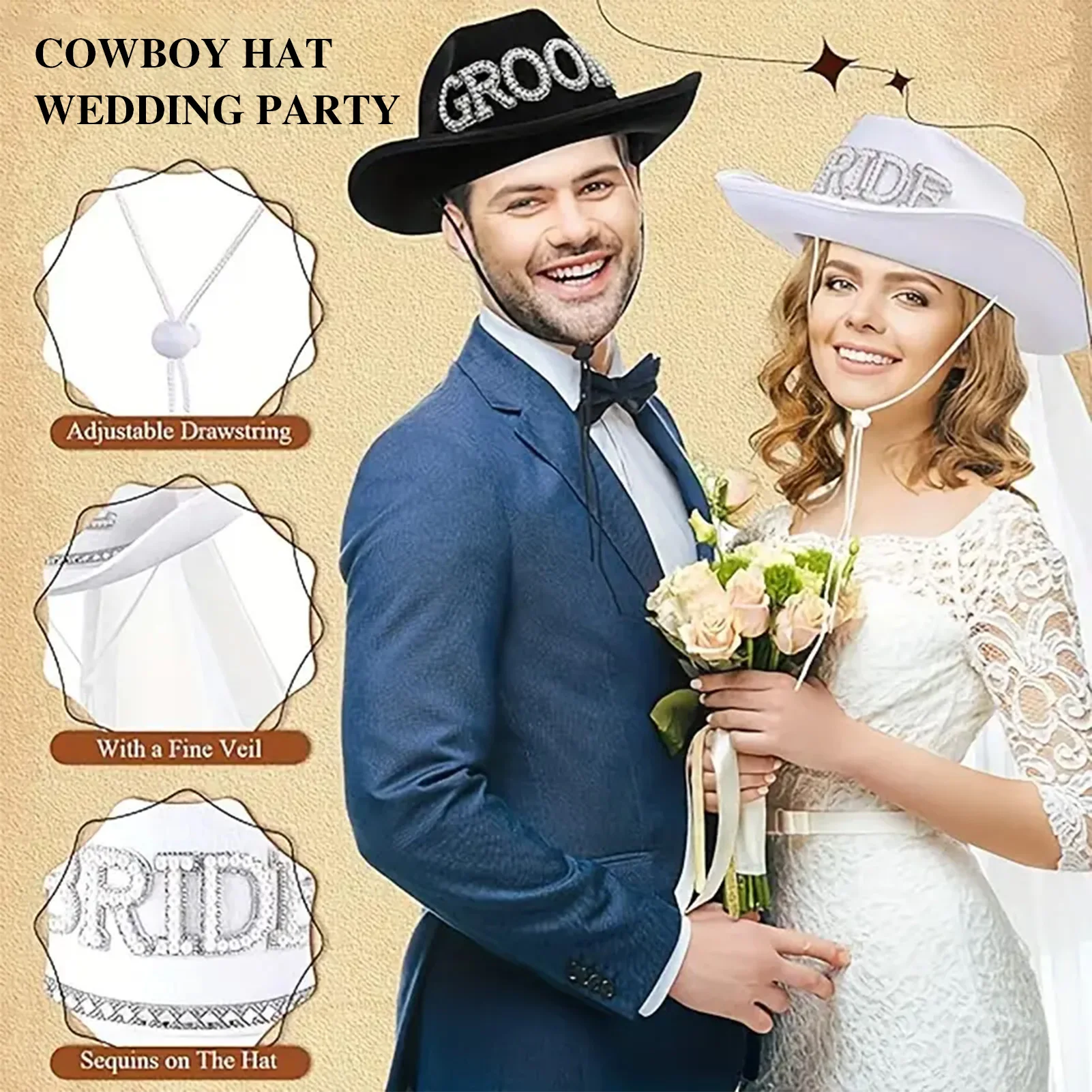 Bride Cowgirl Hat With White Veil Wedding Hair Accessoreis Party Decoration Headwear For Bridal Shower Bride Marriage Caps Gift - view 4
