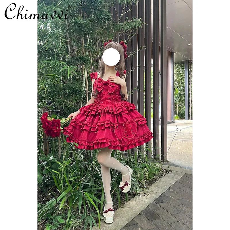 

Lolita Suspender Jsk Red Dress Women's Spring and Autumn New Sweet Bow High Waist Sweet Girl Womens Party Tutu Lo Dresses