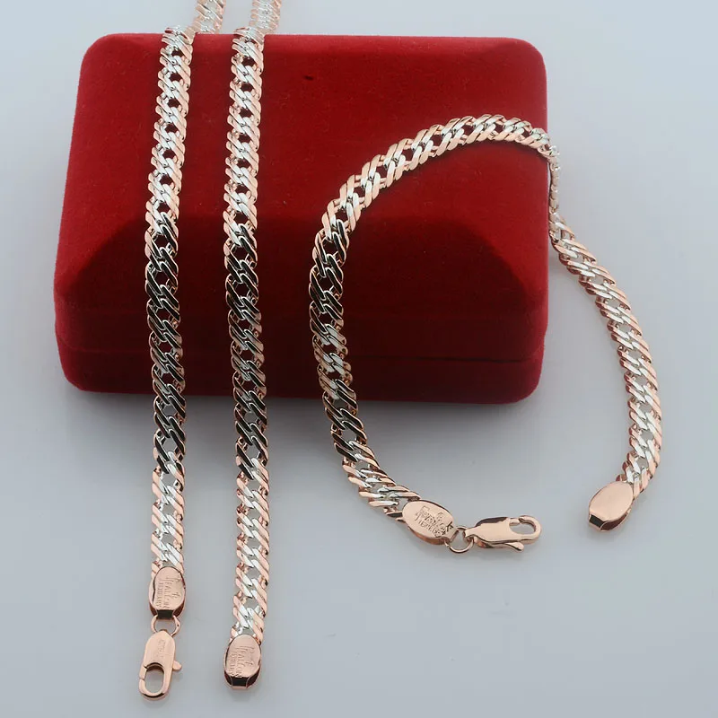 FJ 2 Style New Hot Women Mens Carving Smooth Necklace Bracelet 585 Rose Color Gold Link Chains Set Jewelry