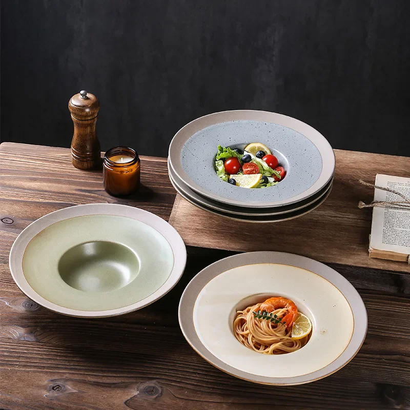 Spaghetti deep plate western plate coarse pottery Japanese straw hat plate western ceramic tableware soup salad