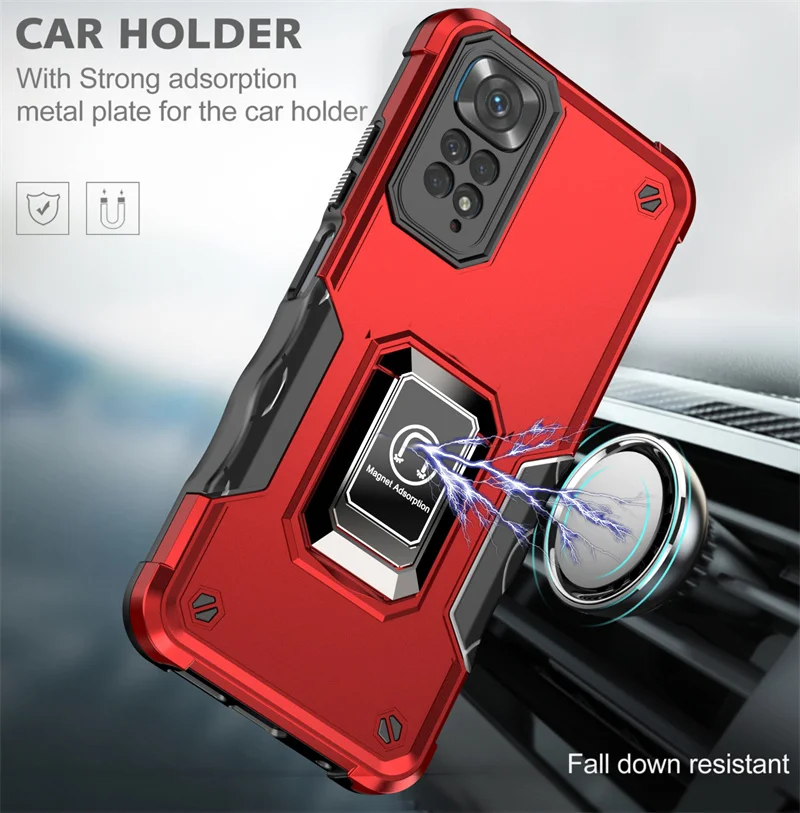 For Xiaomi Redmi Note 11 Note11 4G Case Metal Magnetic Ring Holder Armor Back Cover For Redmy Note 11S 11 S Stand Phone Cases