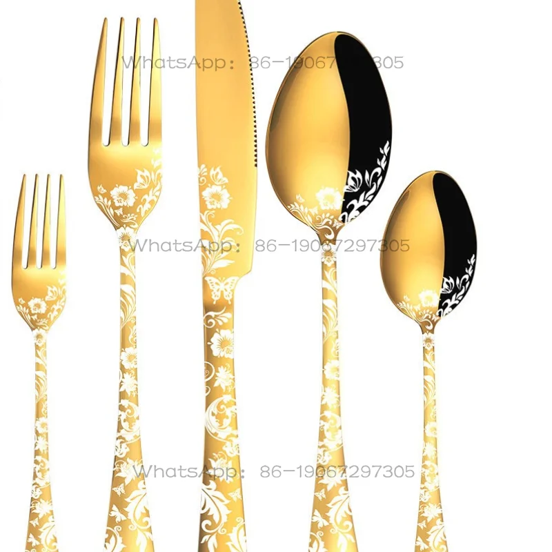 

Patterned Stainless Steel Tableware 40-piece Set, Restaurant Western Food Steak Knife, Fork and Spoon