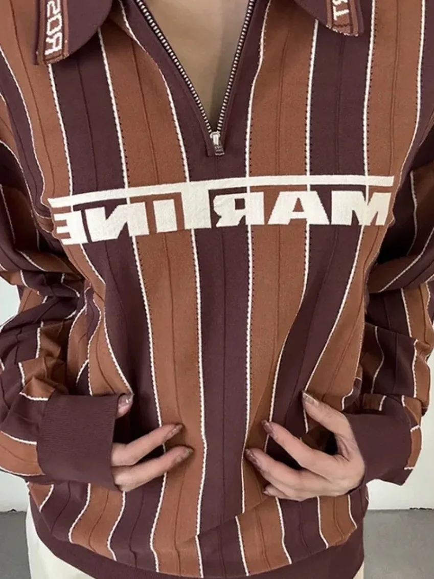 

e Розово-коричневый полосатый эластичный вязаный свитер с воротником, винтажный свитер на молнии с длинным светом, мужской Faion Street Sle