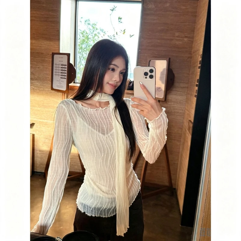 Y2K Women Solid Blouse Korean Harajuku Style Retro Elegant Sweet Tops Slim Fit Long Sleeve Pullover Casual Chic Shirts For Girls