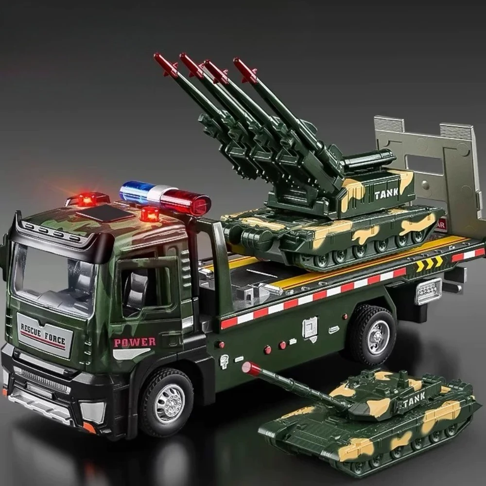 1:32 Militaire Tank Flatbed Trailer Model Speelgoed Auto Legering Diecast Transportvoertuig Geluid Licht Trek Deur Geopend Speelgoed Kid Gift