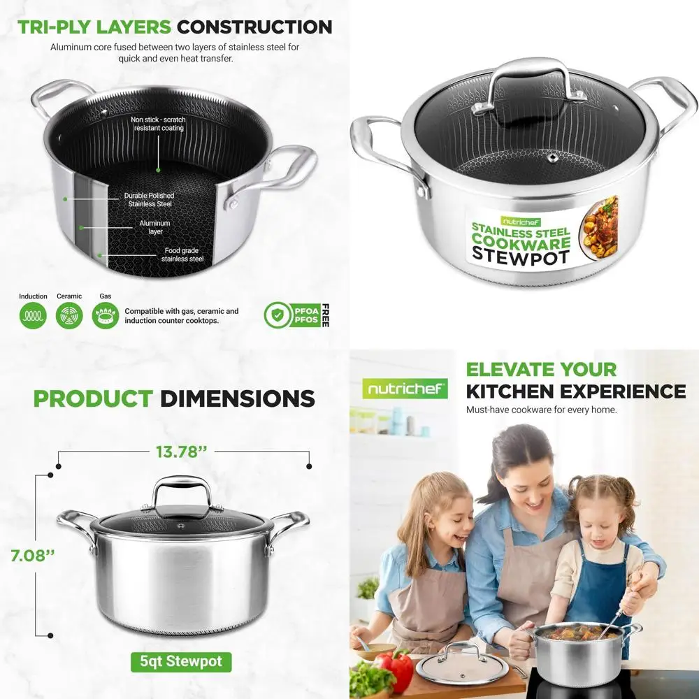 

5-литровая кастрюля из нержавеющей стали со стеклянной крышкой - антипригарное покрытие и устойчивая к царапинам текстурированная поверхность