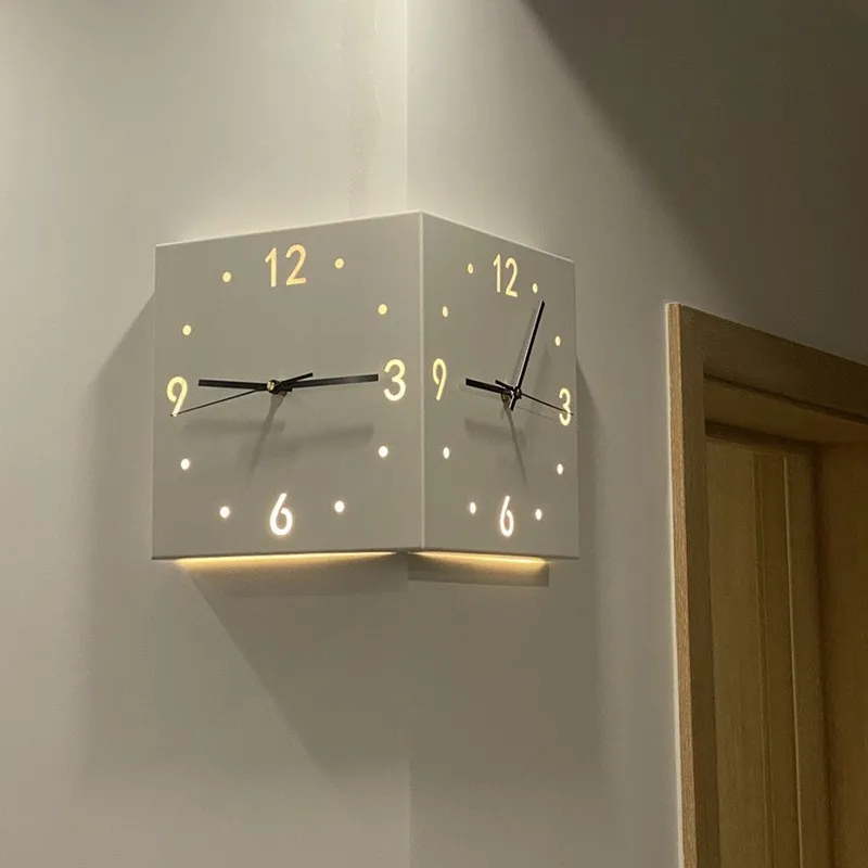 

Joylove Induction Luminous Corner Clock Square Living Room Double-sided Clock Iron Digital Hollowed Out Two-sided Wall Clock