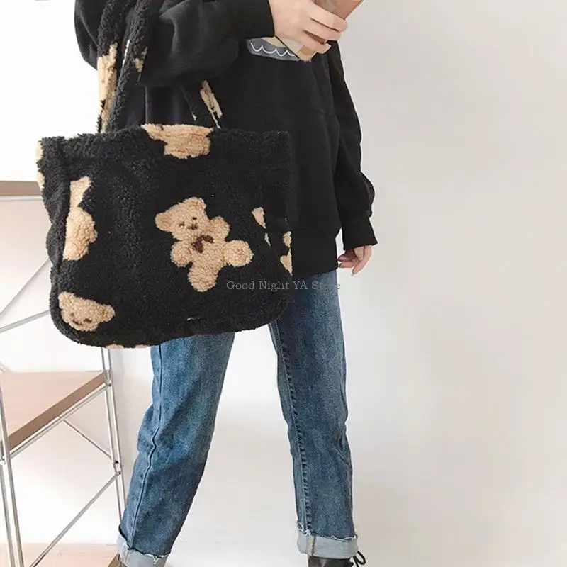 Damska płócienna torebka z grubej bawełny torba na ramię z tkaniny podobnej do jagnięciny niedźwiedź haftowana torebka typu na