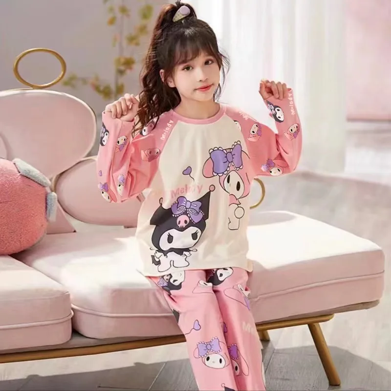 Kawaii Sanrios Girl Pajamas Long Sleeves Pure Cotton Suit Kuromi Can Be Worn Outside Child Spring Autumn Lounge Clothes New