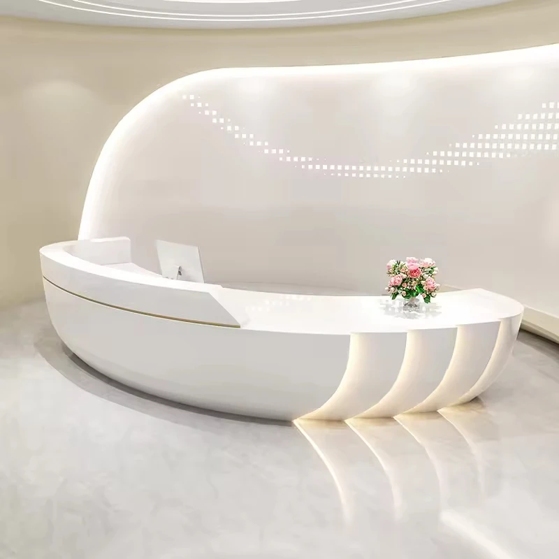 Custom Large Curved Reception Desk Modern Fiberglass Front Desk With LED Ambient Light For Hotel Medical Clinic Corporate Office