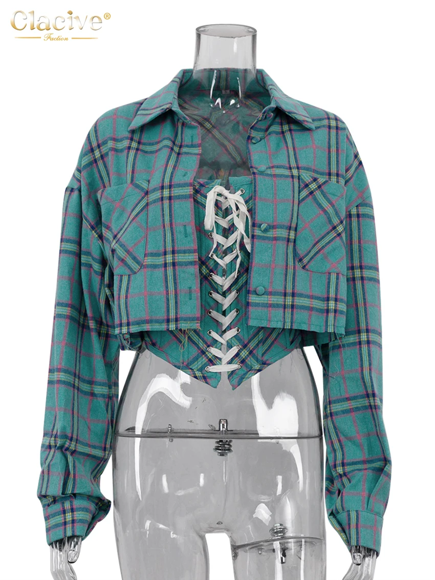 Clacive Fashion Loose Plaid Cotton Women\'s Shirts Vintage Lapel Long Sleeve Blouse Elegant Shirt With Tank Top 2 Pieces Female
