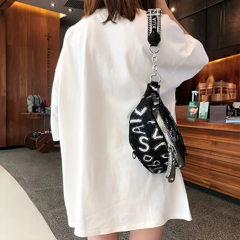 Compact and versatile, popular sequined waist bag, casual outdoor sports, street crossbody chest bag, trendy