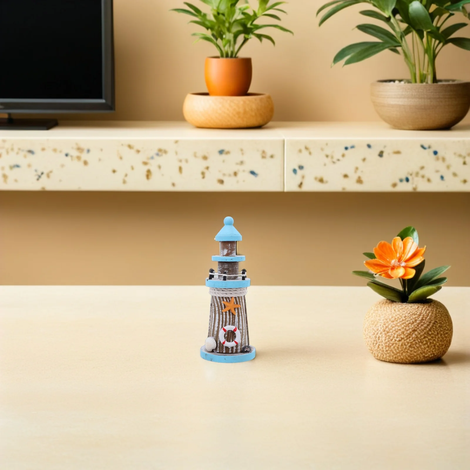 

19Cm Miniature Lighthouse Sculpture Mediterranean Style for Nautical Yard Garden Coastal Decor Living Room Desk Office Shelf