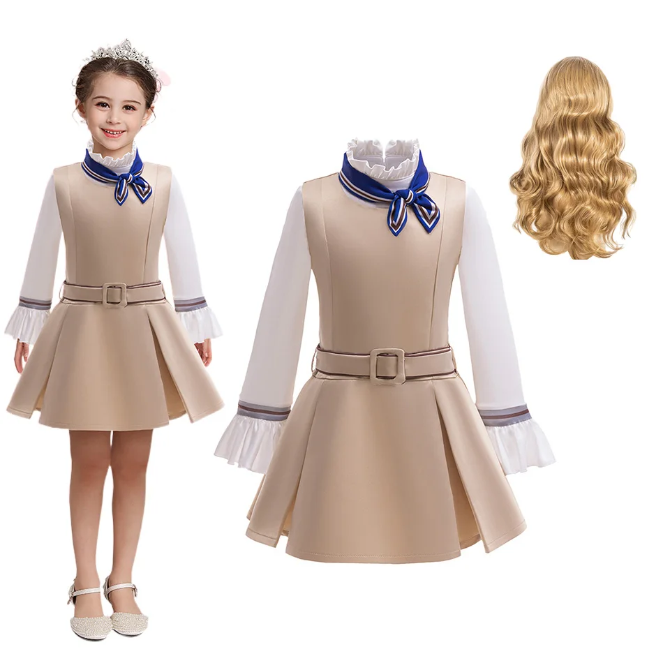 Girls Preppy Fake 2Piece Dress Long Sleeve Ruffle Cuffs Sailor Bow Tie Waist Belt A-Line Skirt Kids School Uniform Outfit