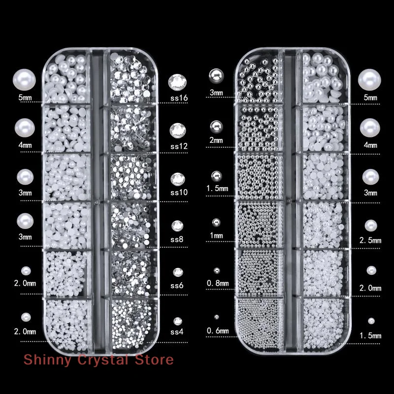 12グリッドミックスパールラインストーン3Dネイルデコレーションネイルジュエリーネイルチャームアクセサリーマニキュアスタッズ