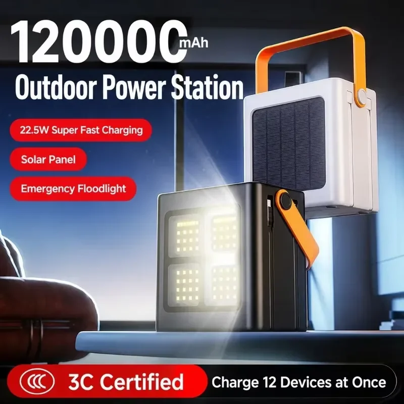200000mAh Solar Emergency Power Bank with Built-in Cables and LED Torch Portable External Battery for Outdoor Travel and