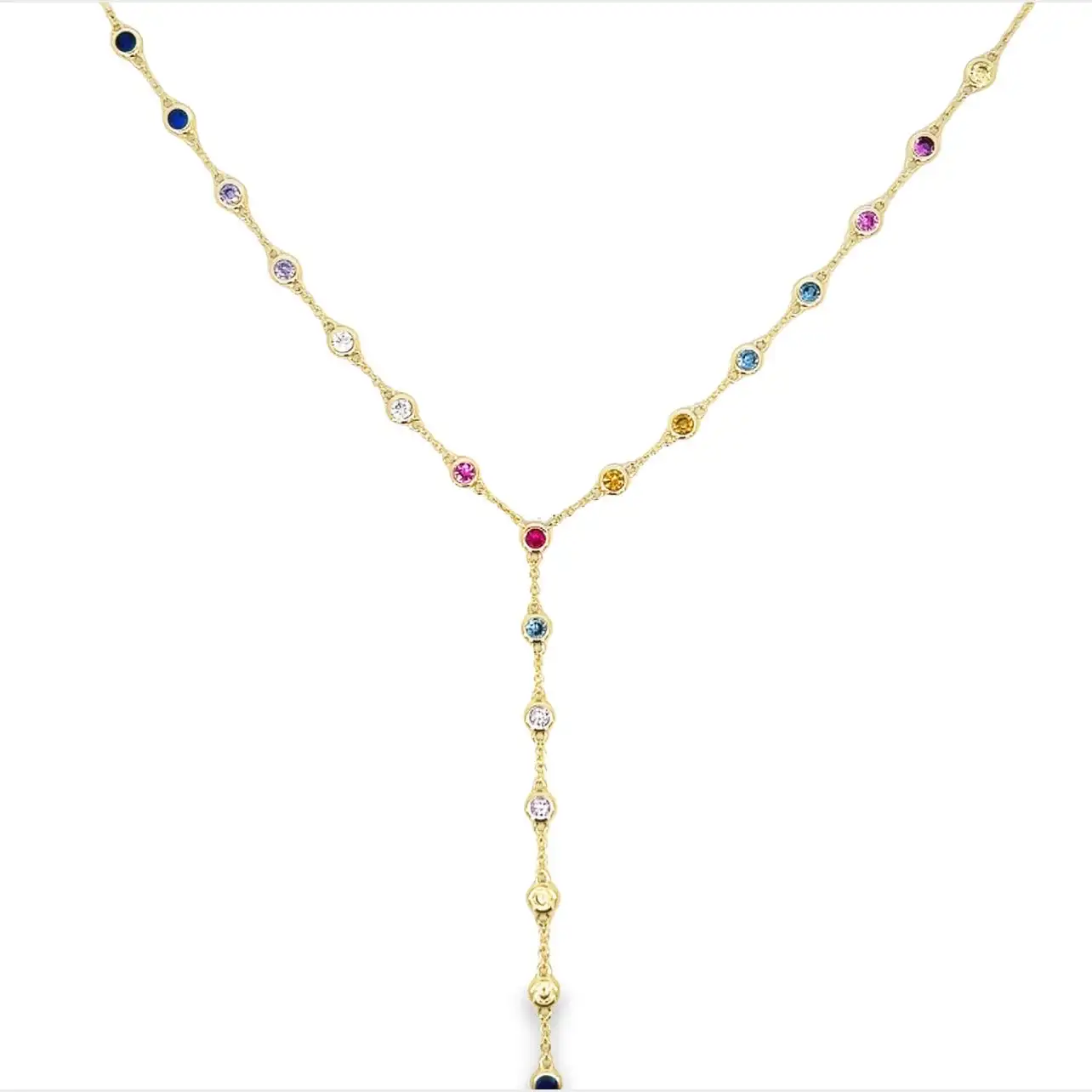 Long Y Lariat Sexy Women Chain Necklace Geometric Round Bezel Dots Rainbow Cubic Zirconia CZ Jewelry