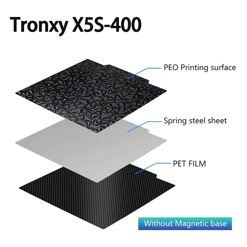 Tronxy X5S-400 PEI PEO 빌드 플레이트 400x400mm 양면 텍스처드/스무스 파우더 코팅 유연한 자기 스프링 강판