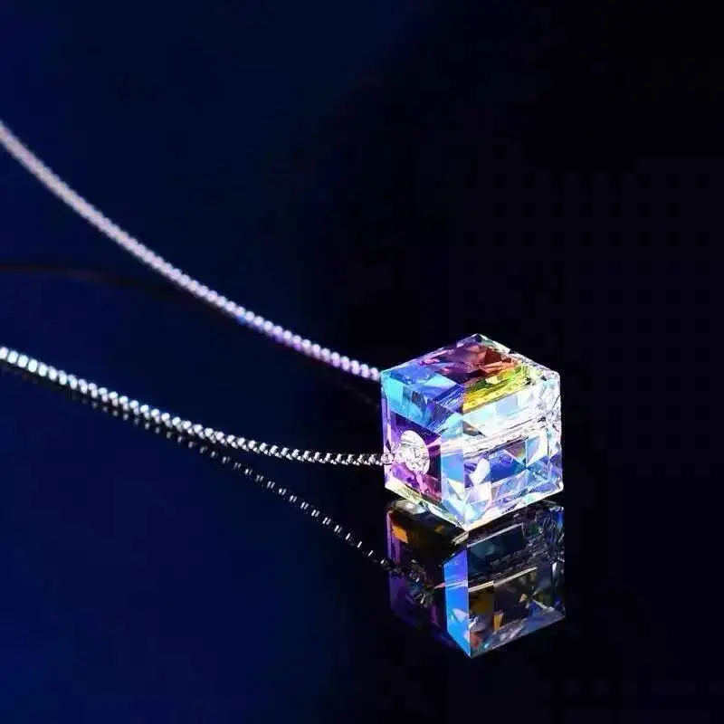 Aurora Square Crystal S925 Pure Silver Necklace INS Women's Personalized Clavicle Chain Anti Allergy Accessory Gift Fashionable