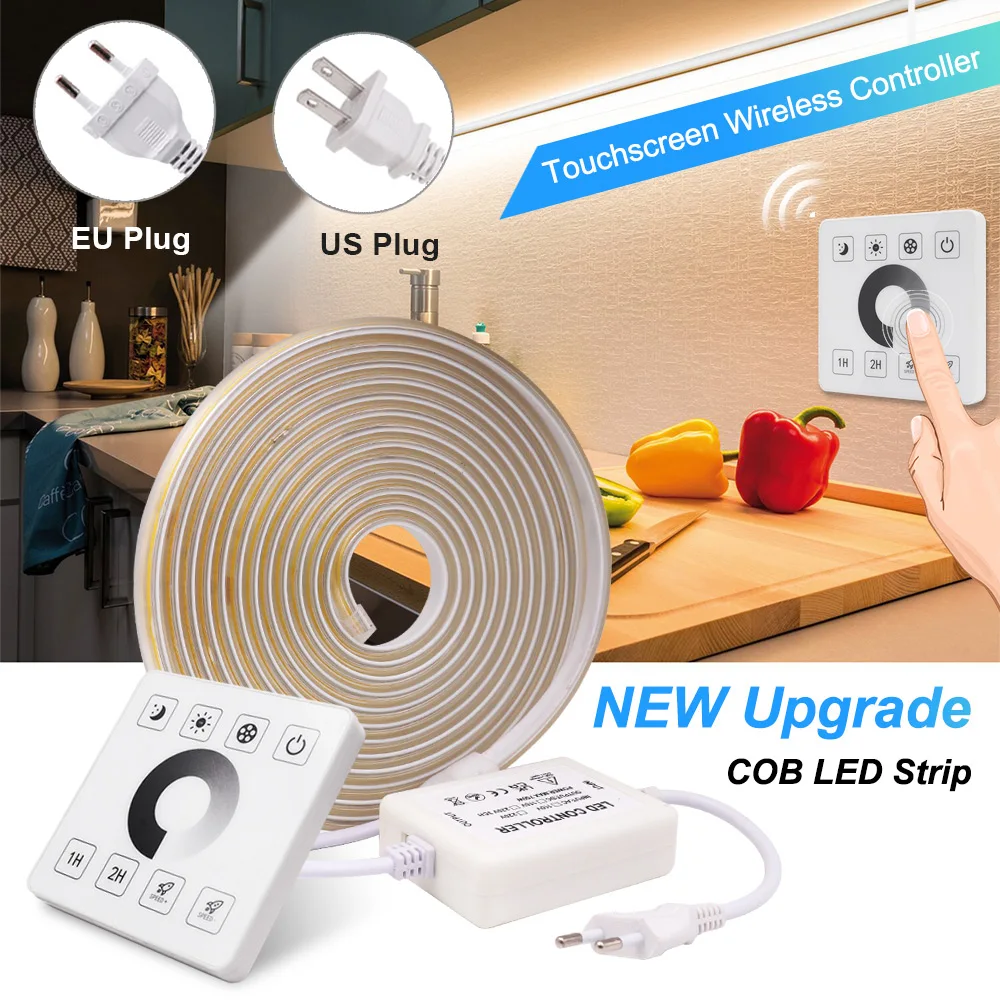 Dimmable COB LED Strip Light 220V 110V Wall Touch Switch 23key Remote Power Kit 288LED Flex Ribbon High Density Linear Lighting