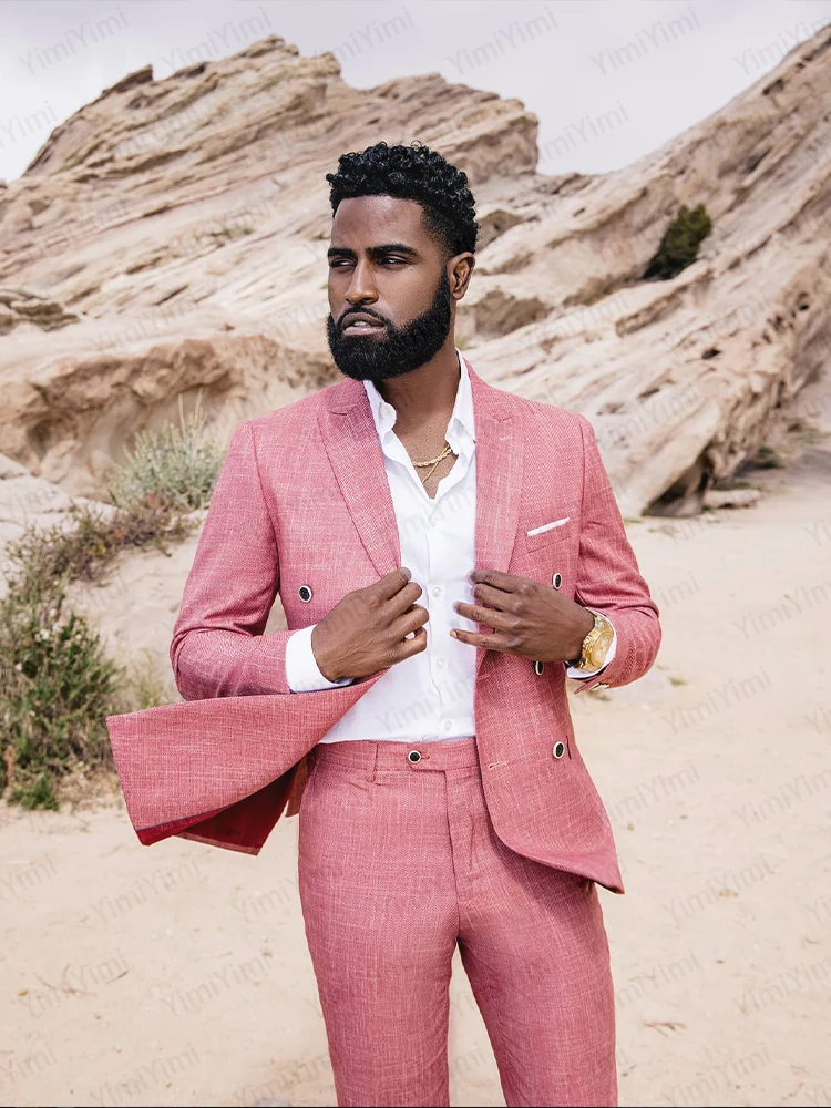 Yimi Men's Suit 2 Pieces Peaked Lapel Double Breasted Tuxedos Groom Blazer Pants Party Business Tailored Set Hot Sell Customized