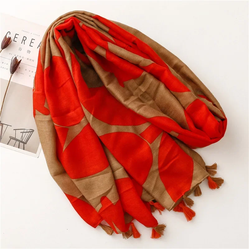 New Women\'s Summer Korean Version of All Matching Thin Gauze Scarf Cotton and Linen Scarf Red and Brown Printed Hijabs