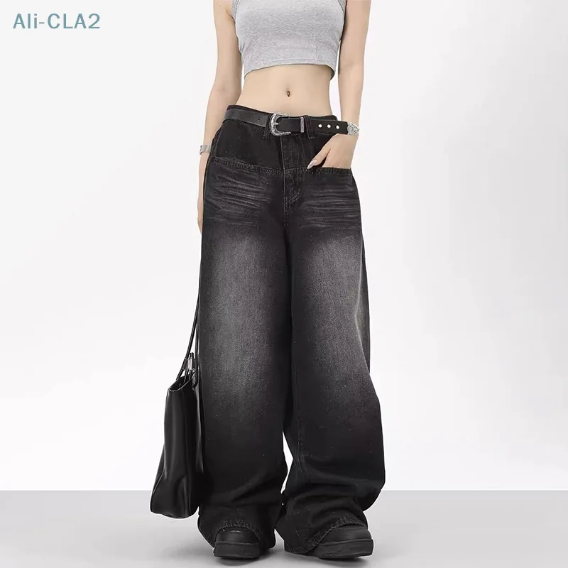 Schicke y2k Baggy Jeans Hose mit niedriger Taille Herren Barrel Jeans übergroße Retro schwarze Jeans Hose mit weitem Bein für Damen Streetwear