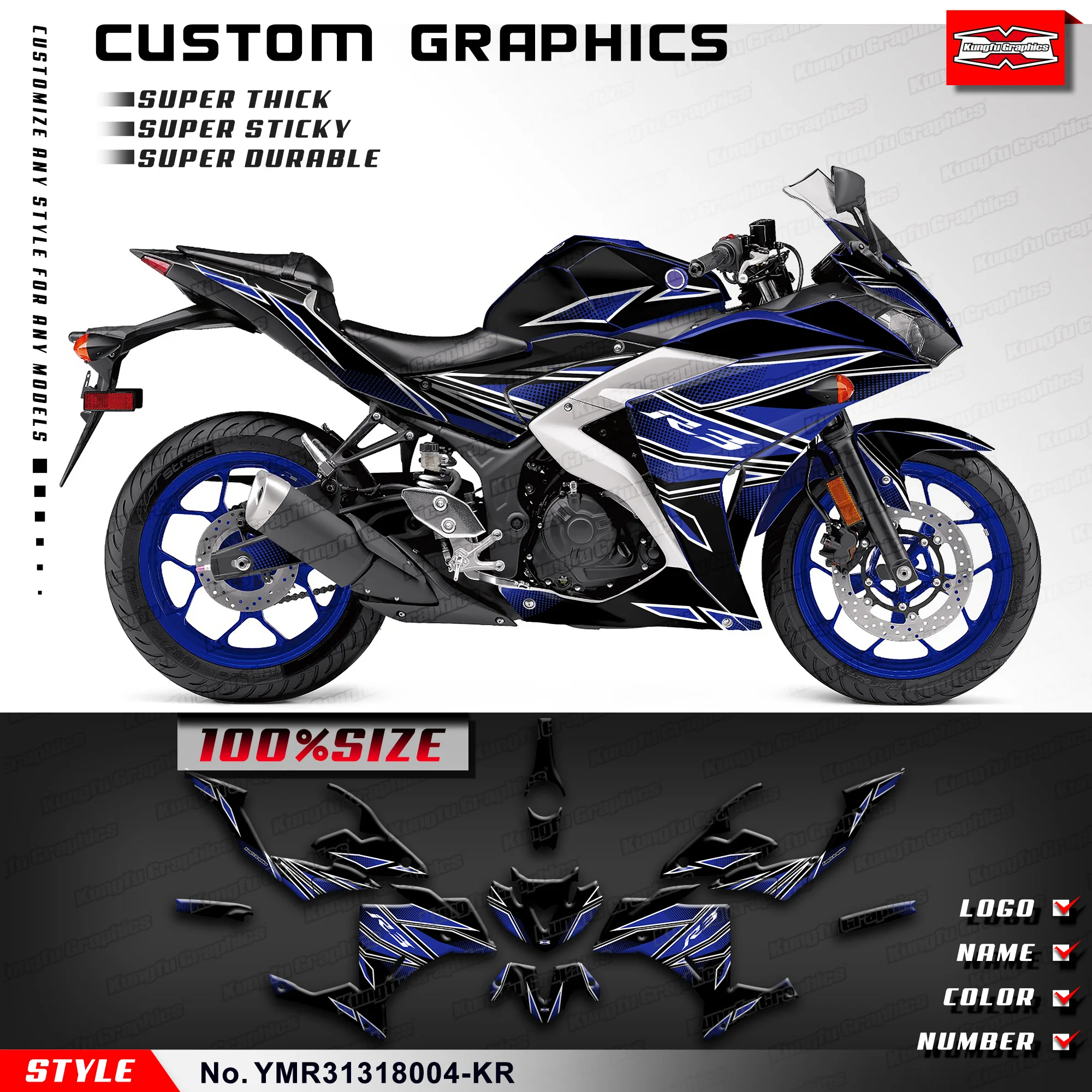 

KUNGFU GRAPHICS Sportbike Sticker Wrap Kit Vinyl Decal for Yamaha YZF-R3 YZF R3 2013 2014 2015 2016 2017 2018, YMR31318004-KR