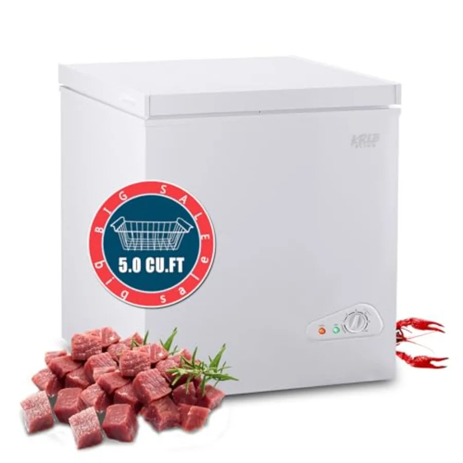 

5.0 Cu.Ft Compact Chest Freezer with Basket Top Door Open Freestanding Deep Freezer with 6 Level Temperature Adjustment Ideal f