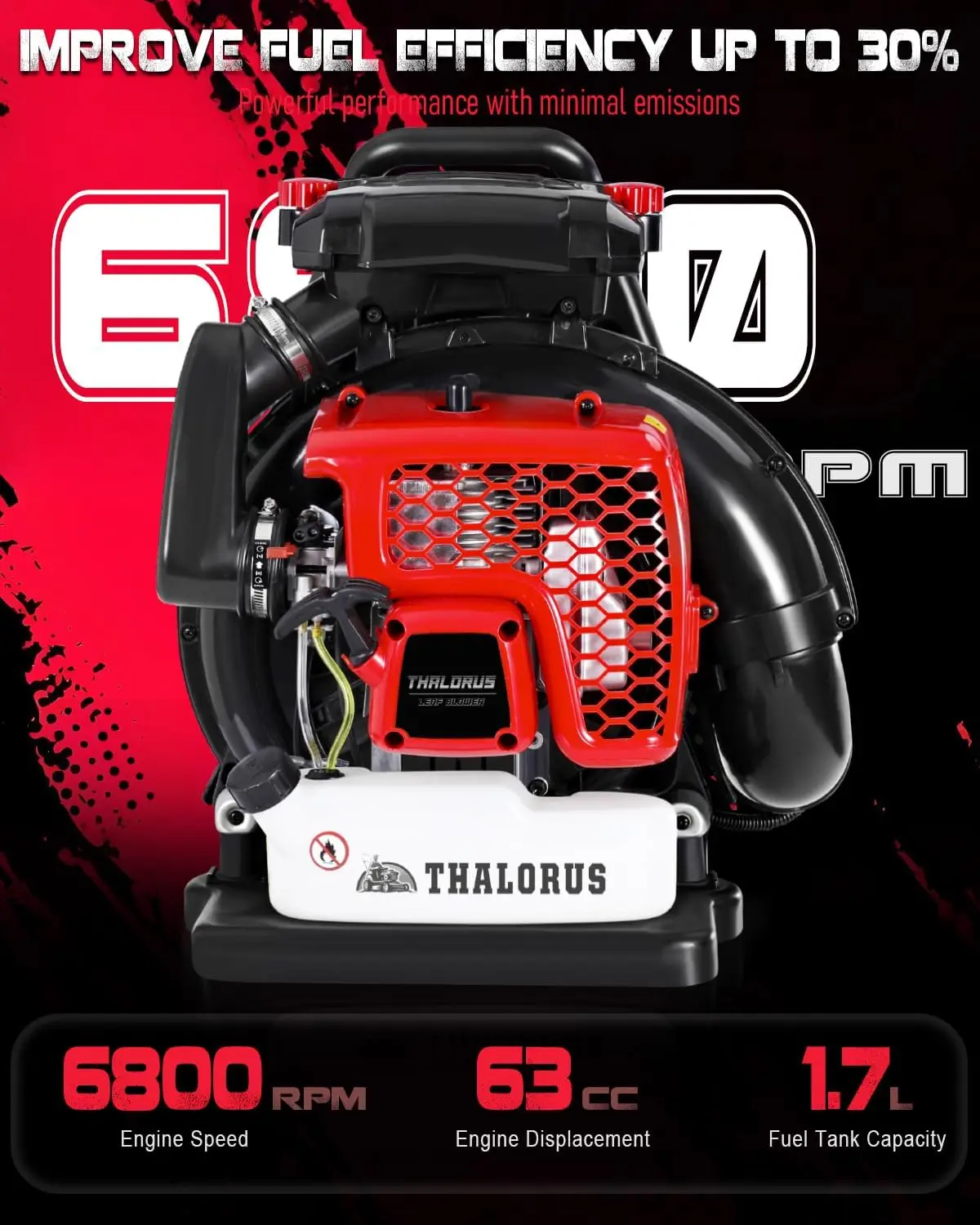 63CC Gas Backpack Leaf Blower, 665 CFM, 205 MPH, Cruise Control | 6,800 RPM Engines, 2-Stage Air Filter, Large Adjustable Padded