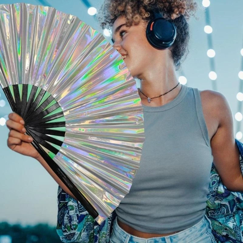 

652F PVC Reflective Colorful Large Folding Hand Fan Foldable Clap Fan for Taichi and Martial Art Performances Raves Party