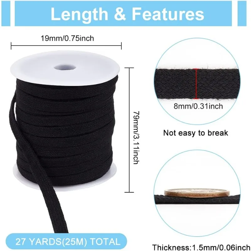 27 Yards Black Flat Replacement Cotton Cords 8mm Wide Flat Drawstring Cord Rope with Plastic Spools for Garment Accessories