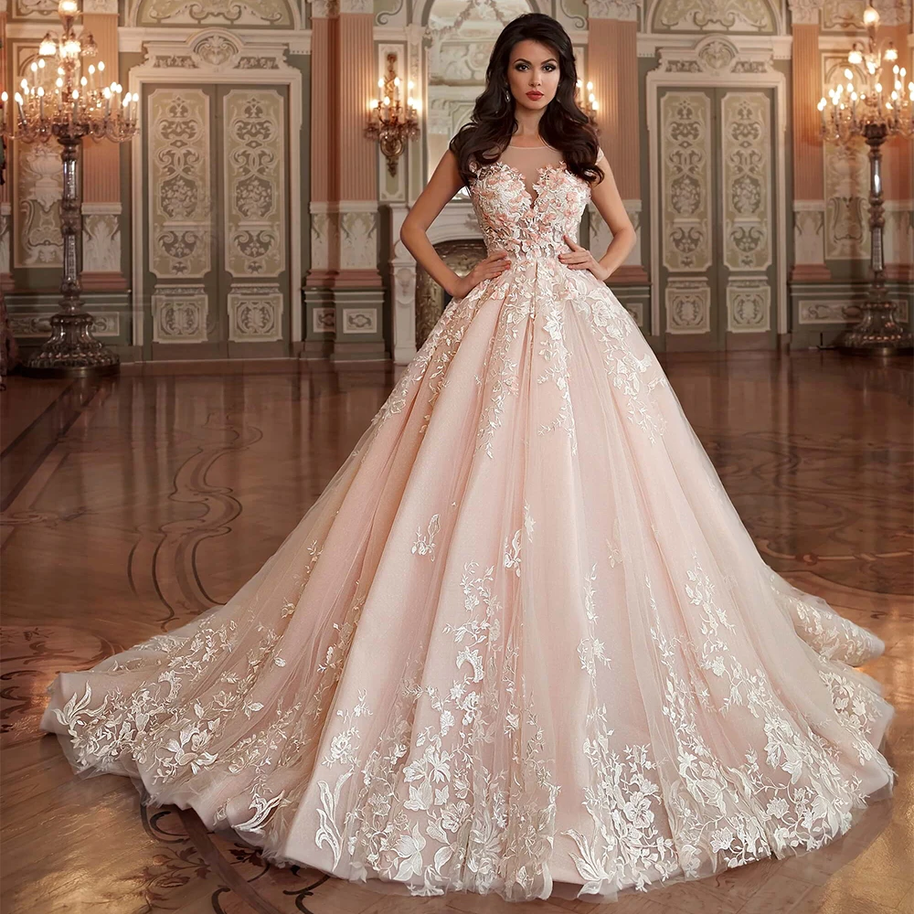 Traditional Wedding Dress Brush Pink Bride Dresses Cap Sleeve 3D Flower Applique Scoop Neck Court Train Bridal Gown Gelinlik