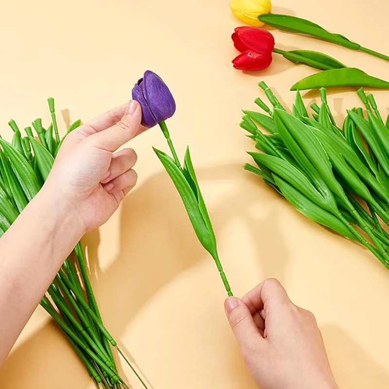 33cm Künstlicher Tulpenstiel mit Blättern, Weichgummi, integrierter Stiel mit innenliegendem Eisendraht, biegbar, DIY-Zubehör für künstliche Blumen – Detail 4